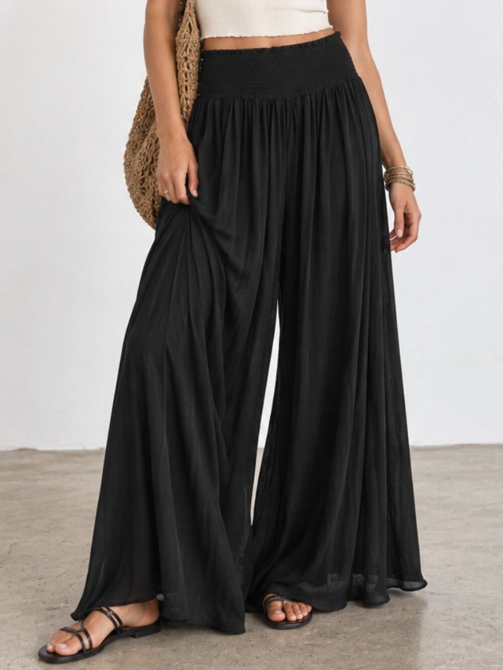 NAKED ZEBRA Smocked Waist Wide Leg Silky Soft Flowy Palazzo Pant Black L NWOT